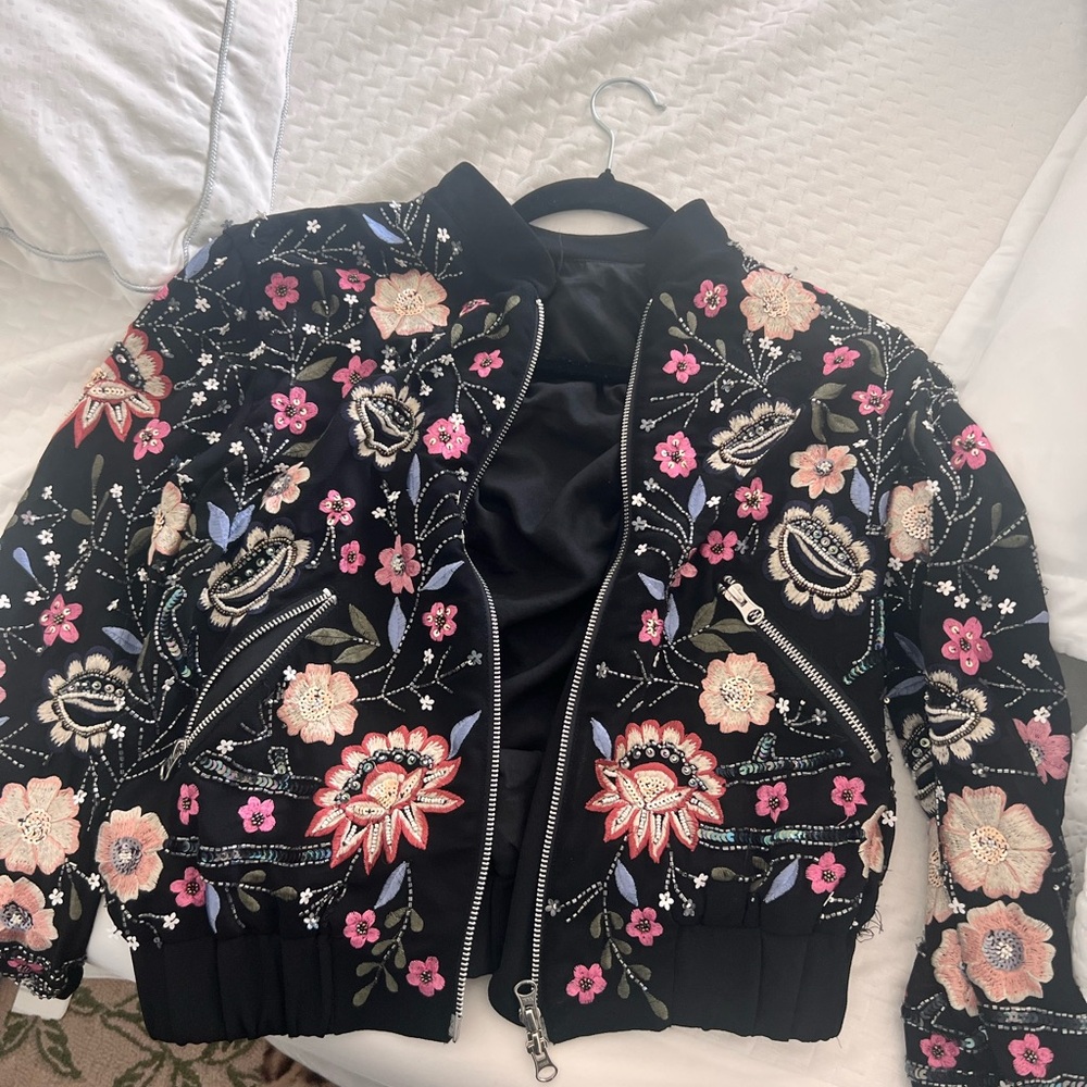 AQUA Floral Embroidered Black Jacket